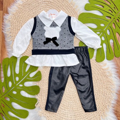 Conj. Camisa com Colete de Ursinho e Calça Legging Couro Ecológico - Branco e Preto